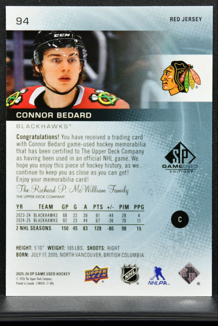 2025-26 SP Game Used Red Jersey Connor Bedard 94 Chicago Blackhawks Jersey 9591