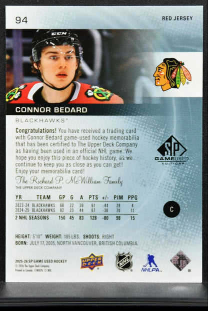 2025-26 SP Game Used Red Jersey Connor Bedard 94 Chicago Blackhawks Jersey 9591