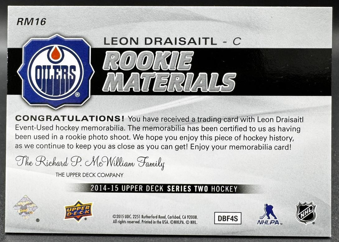2014-15 UD Rookie Materials Leon Draisaitl Edmonton Oilers RC Jersey