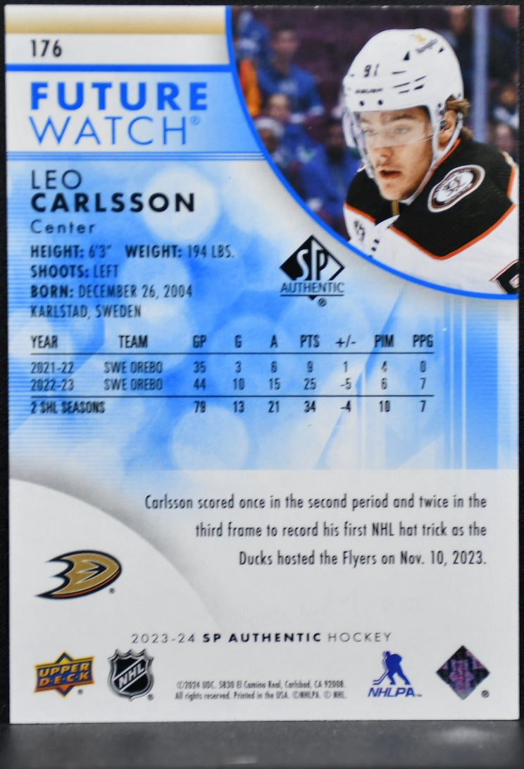 2023-24 SP Authentic Future Watch Limited Blue Leo Carlsson Ducks RC /399 6421
