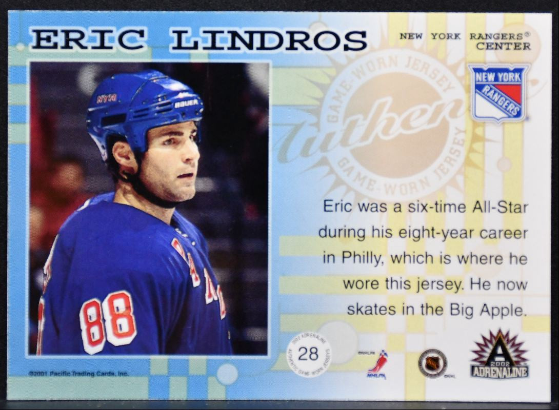 2001-02 Pacific Adrenaline Jerseys Eric Lindros 28 New York Rangers Jersey 5463