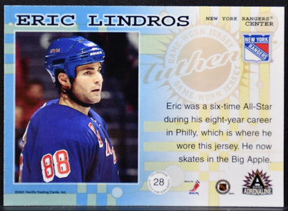 2001-02 Pacific Adrenaline Jerseys Eric Lindros 28 New York Rangers Jersey 5463