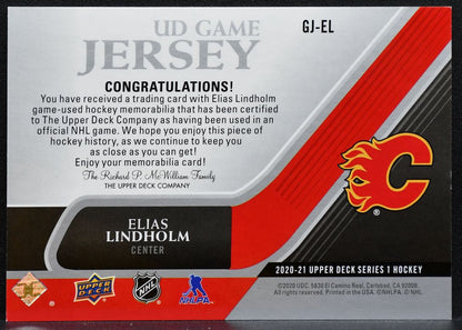 2020-21 Upper Deck Series 1 UD Game Jersey Elias Lindholm Flames Jersey 9044