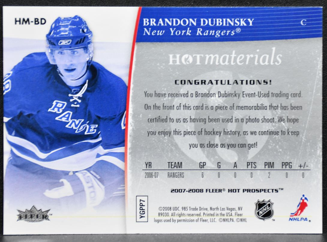 2007-08 Fleer Hot Prospects Materials Brandon Dubinsky HM-BD Rangers Jersey 1006