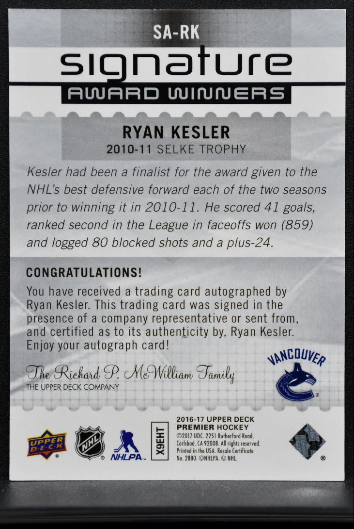 2016-17 UD Premier Signature Award Winners Kesler Canucks Auto /99 6768