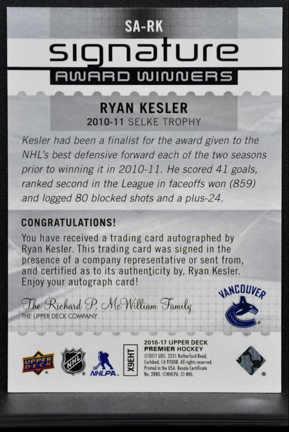 2016-17 UD Premier Signature Award Winners Kesler Canucks Auto /99 6768