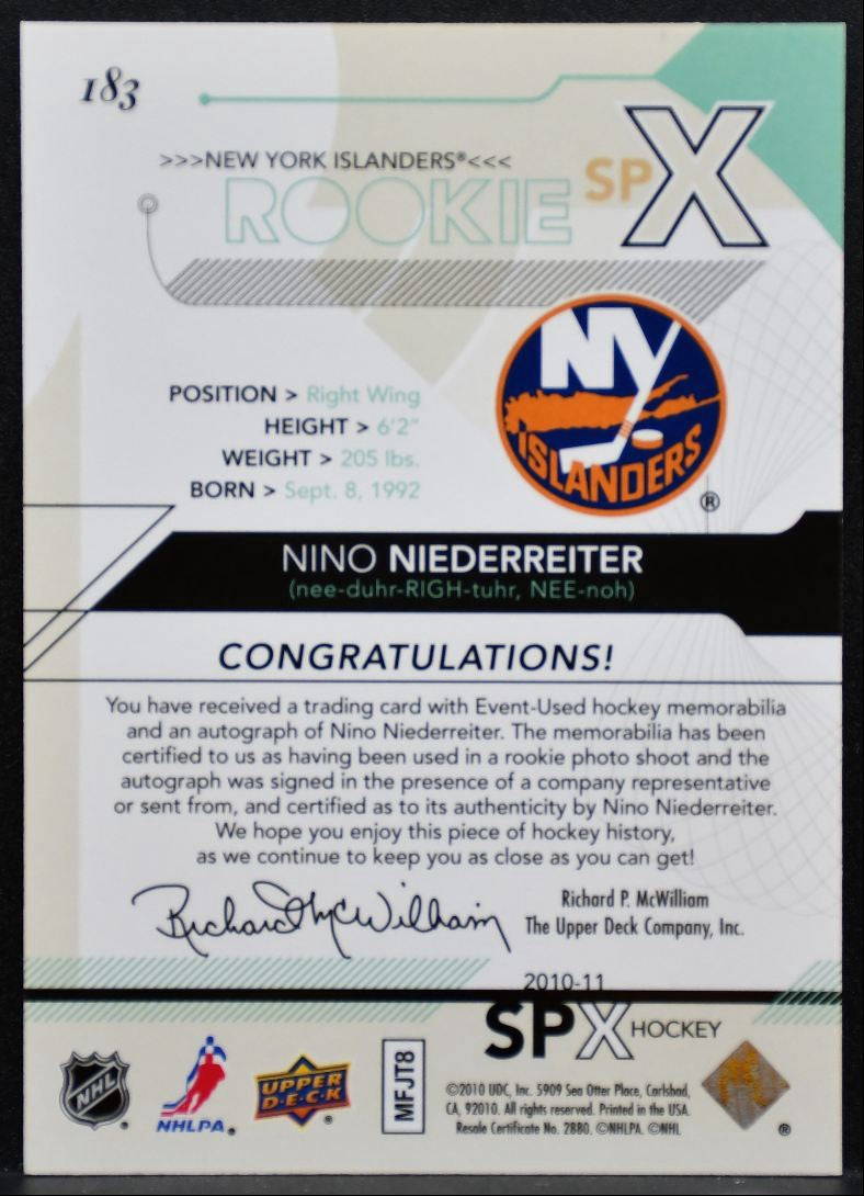 2010-11 SPx Rookie Jersey Auto Niederreiter RC Auto 049/799 Jersey 9564