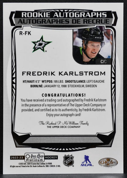 2022-23 O-Pee-Chee Platinum Rookie Autographs Fredrik Karlstrom RC Auto 2381