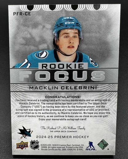 2024-25 UD PREMIER Macklin Celebrini Rookie Focus Auto Patch 09/25 PFR-CE