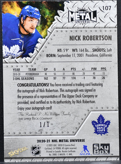Upper Deck Nick Robertson Maple Leafs Auto Rookies Metal Universe 2020-21 1/1
