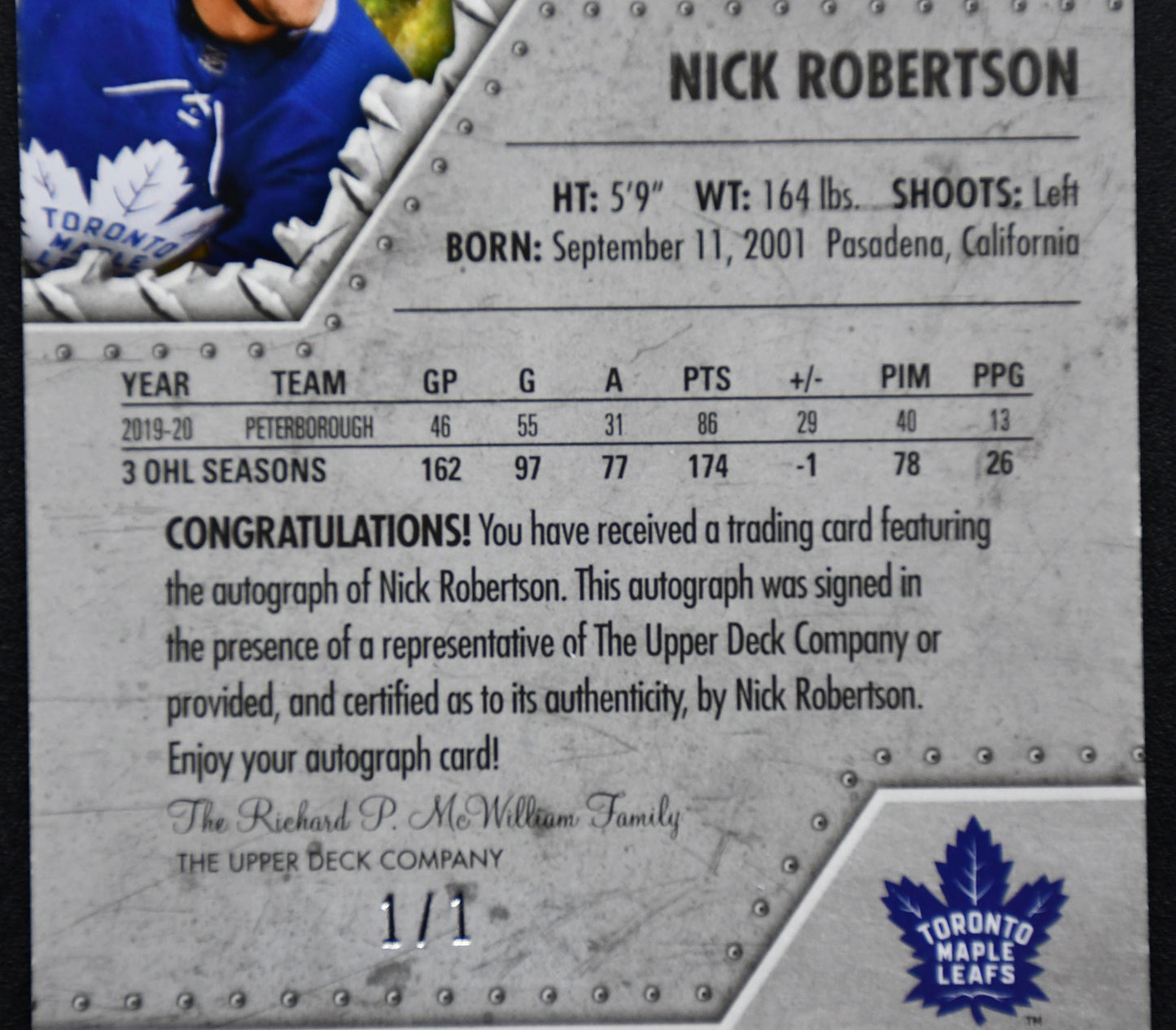 Upper Deck Nick Robertson Maple Leafs Auto Rookies Metal Universe 2020-21 1/1