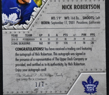 Upper Deck Nick Robertson Maple Leafs Auto Rookies Metal Universe 2020-21 1/1