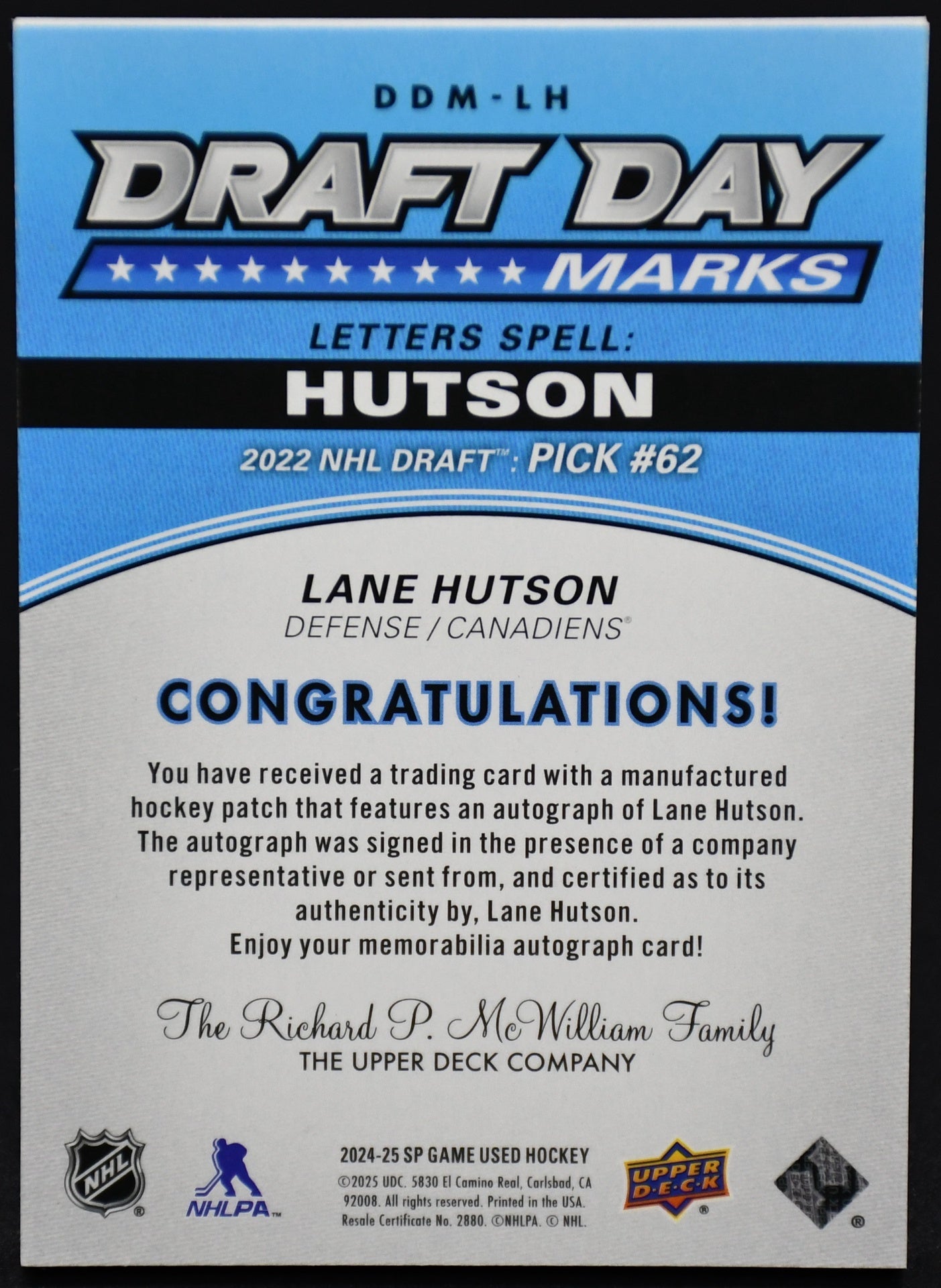 2024-25 UD LANE HUTSON Draft Day Marks /35 DDM COMPLETE