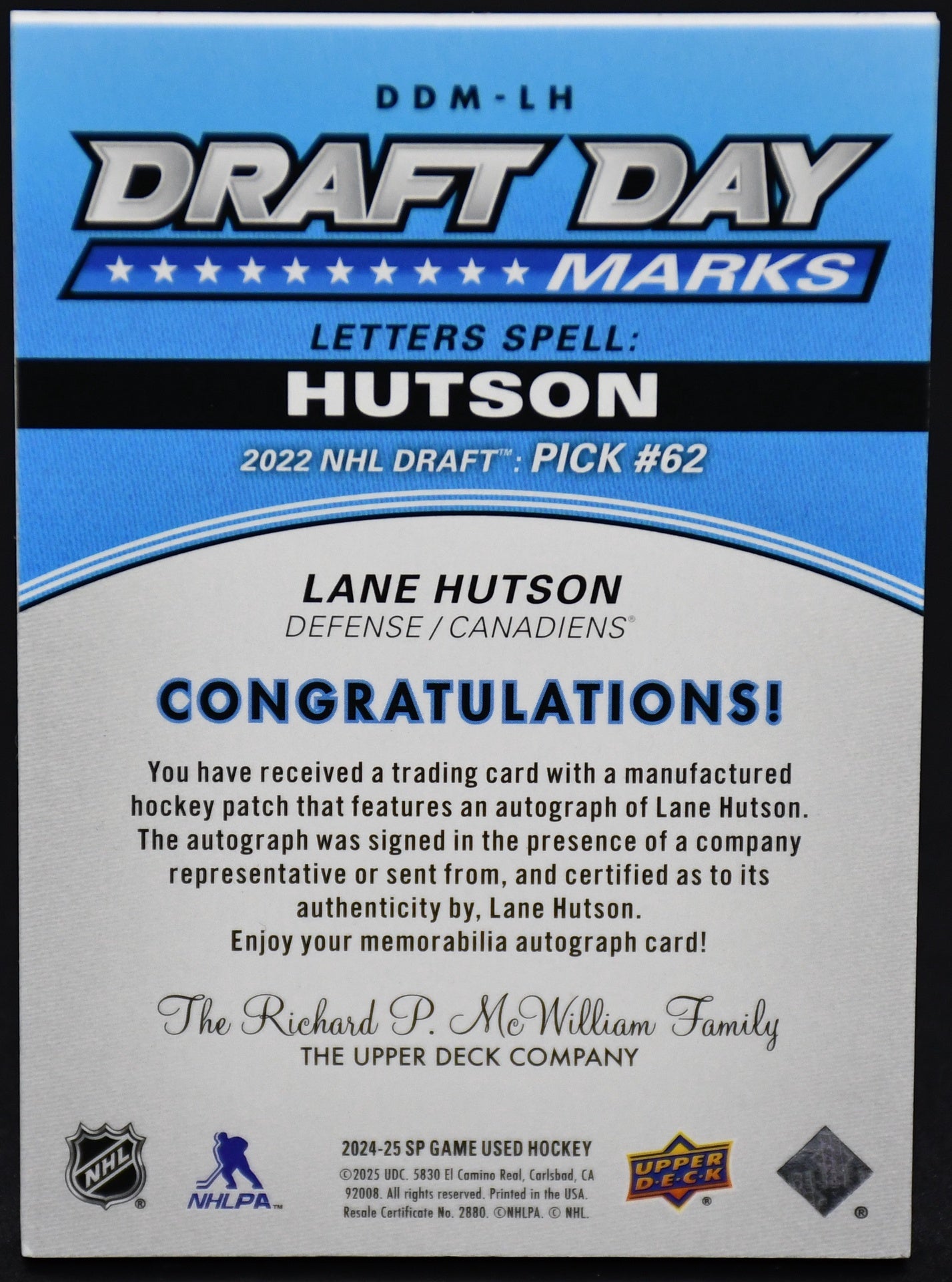 2024-25 UD LANE HUTSON Draft Day Marks /35 DDM COMPLETE