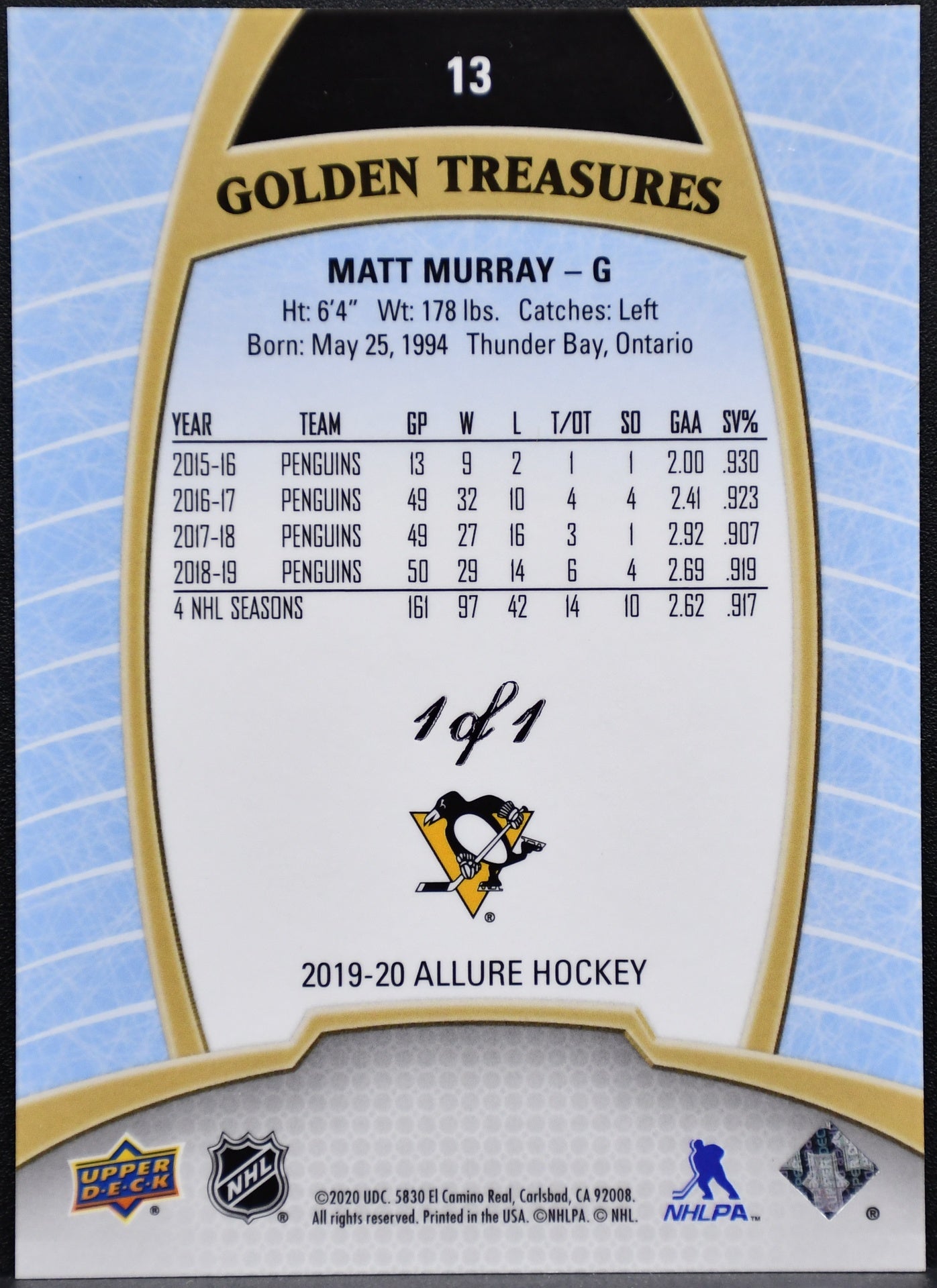 Upper Deck Matt Murray Pittsburgh Penguins Allure 1/1 Golden Treasure 2019-20