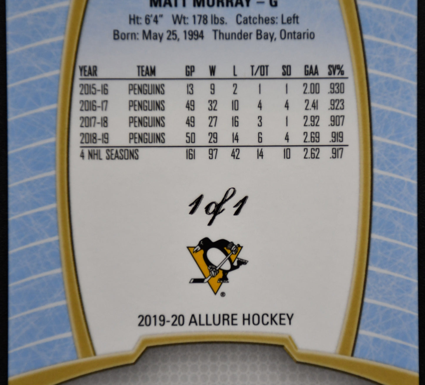 Upper Deck Matt Murray Pittsburgh Penguins Allure 1/1 Golden Treasure 2019-20