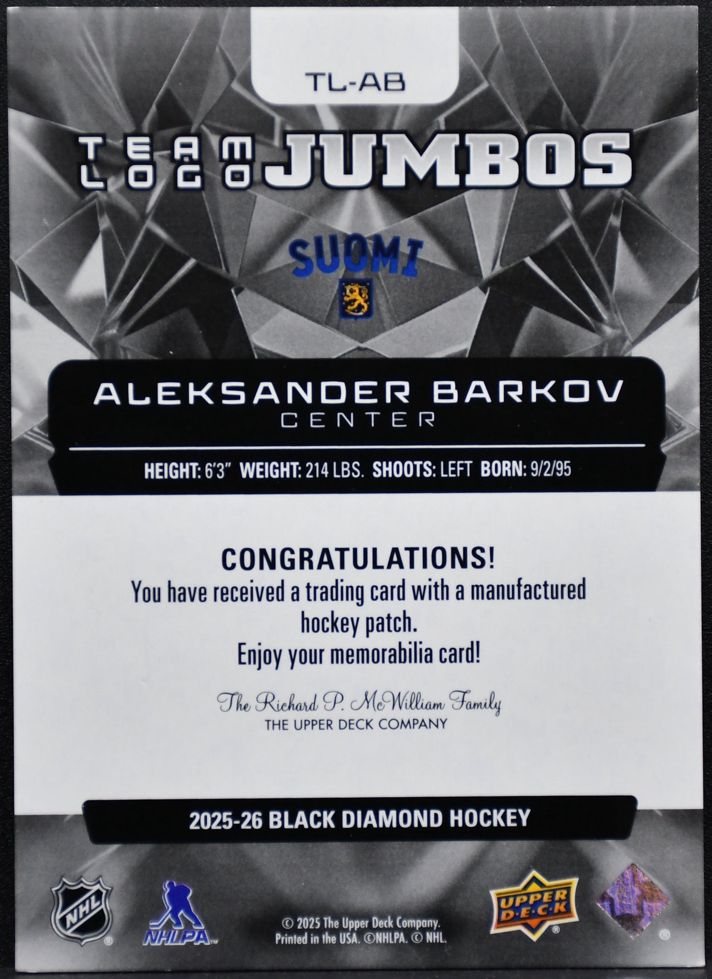 2025-26 UD Finland 4 Nations Face Off Team Logo Jumbos Aleksander Barkov 1/1