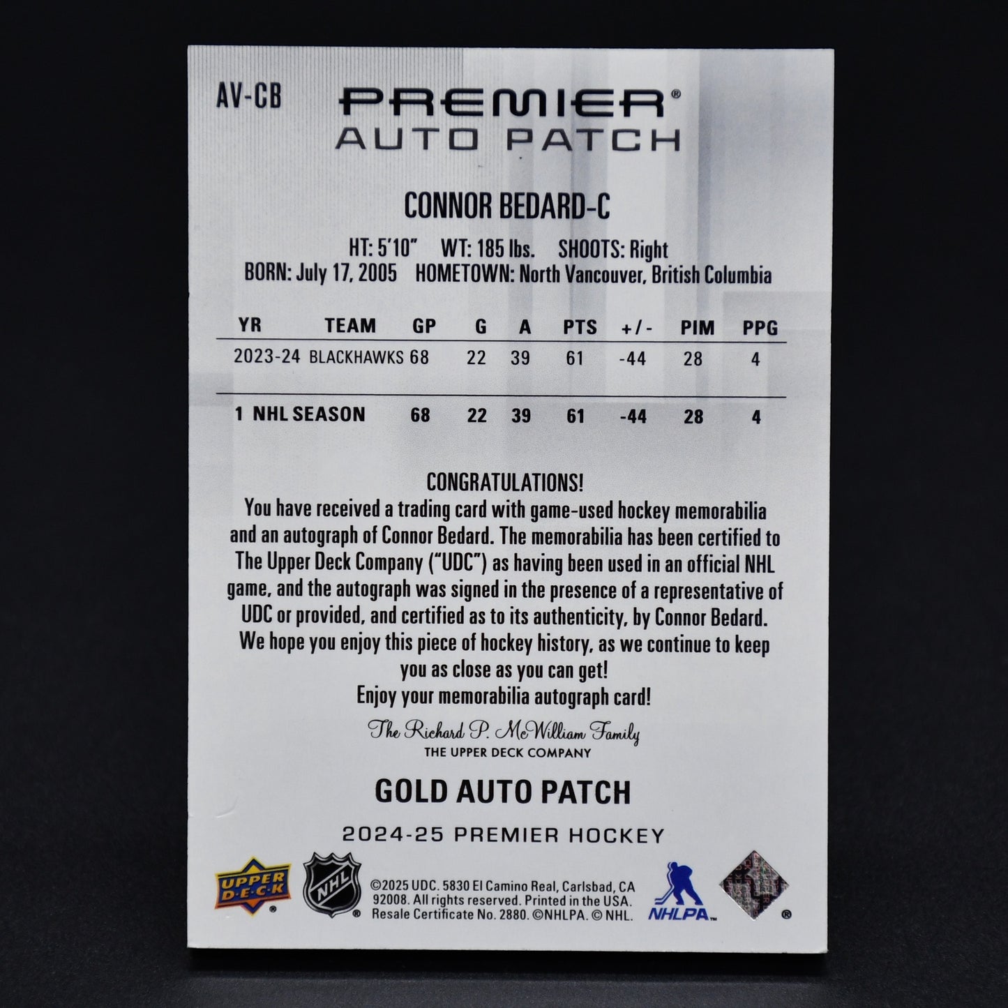 2024-25 UD PREMIER Connor Bedard AV-CB Chicago GOLD AUTO PATCH 3/3