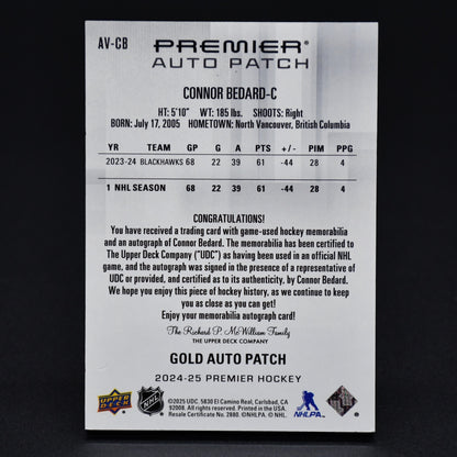 2024-25 UD PREMIER Connor Bedard AV-CB Chicago GOLD AUTO PATCH 3/3