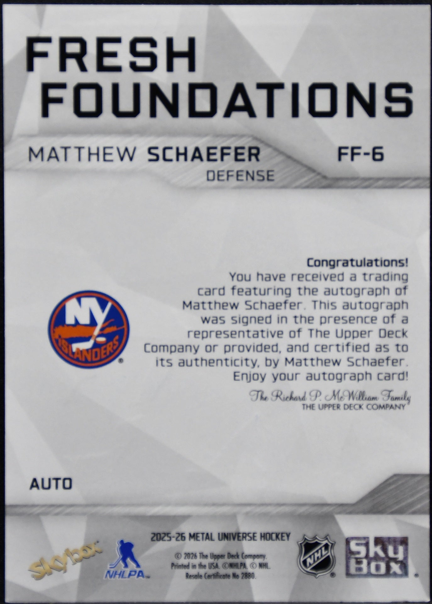 Upper Deck Matthew Schaefer Auto Fresh Foundations New York Islanders 25/26 Metal Universe