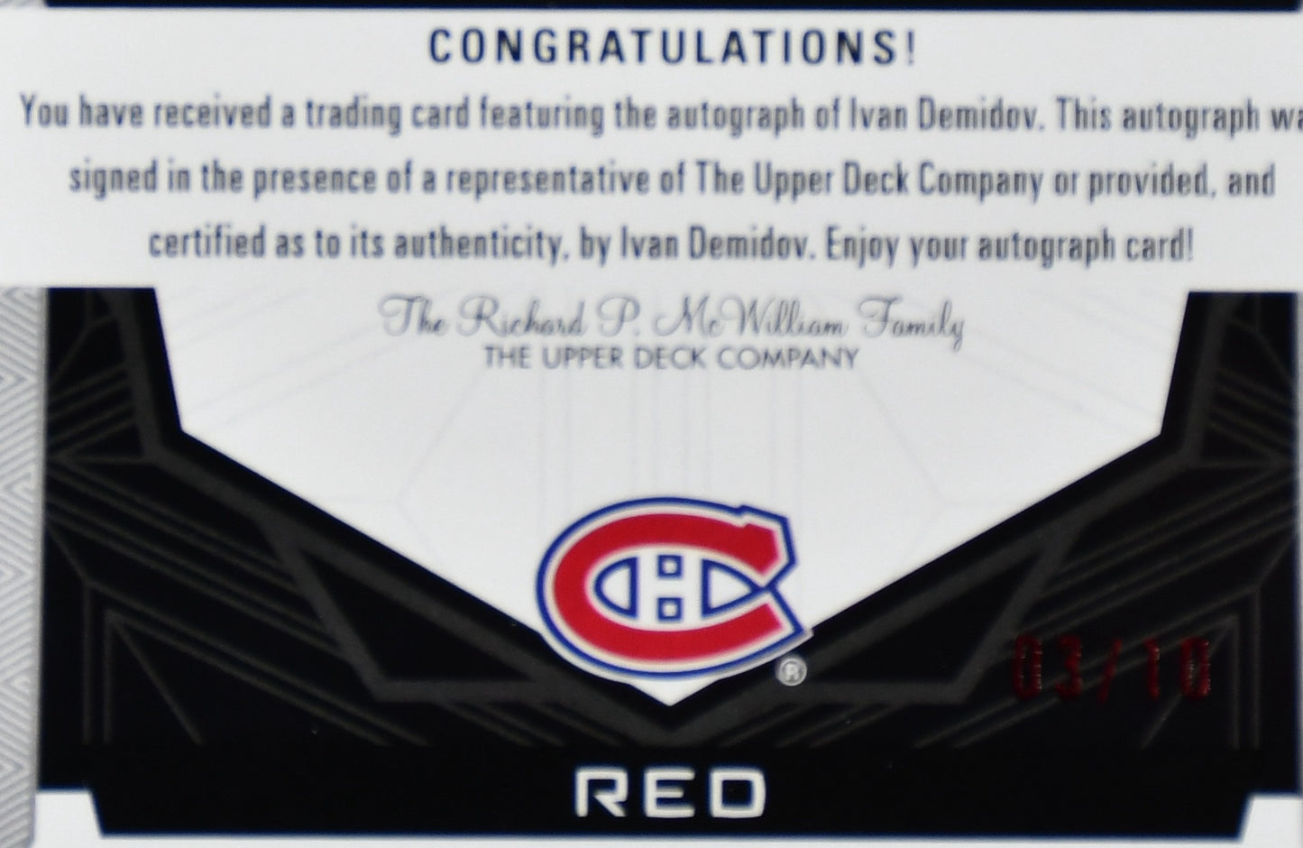 UD Ivan Demidov auto Rookie Gems Montreal Canadiens Black Diamond 2025-26 03/10