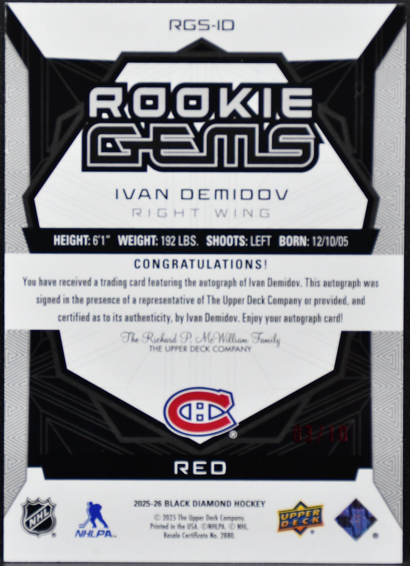 UD Ivan Demidov auto Rookie Gems Montreal Canadiens Black Diamond 2025-26 03/10