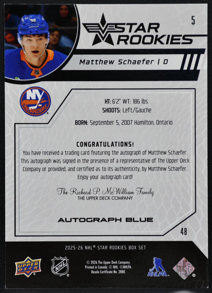 UD Matthew SCHAEFER Star Rookies Autograph Blue 13/25 2025-26 RC Islanders 5