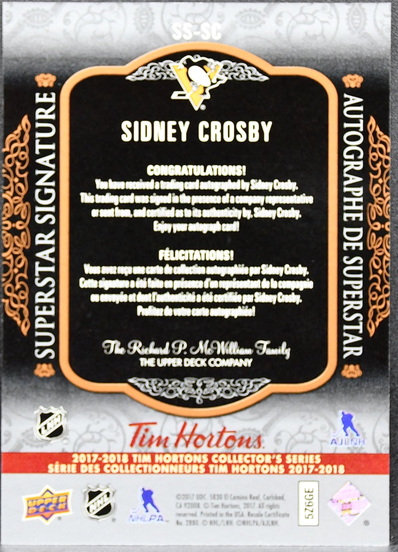 UD Sidney Crosby Auto Superstar Signature 2017-18 Tim Hortons 87