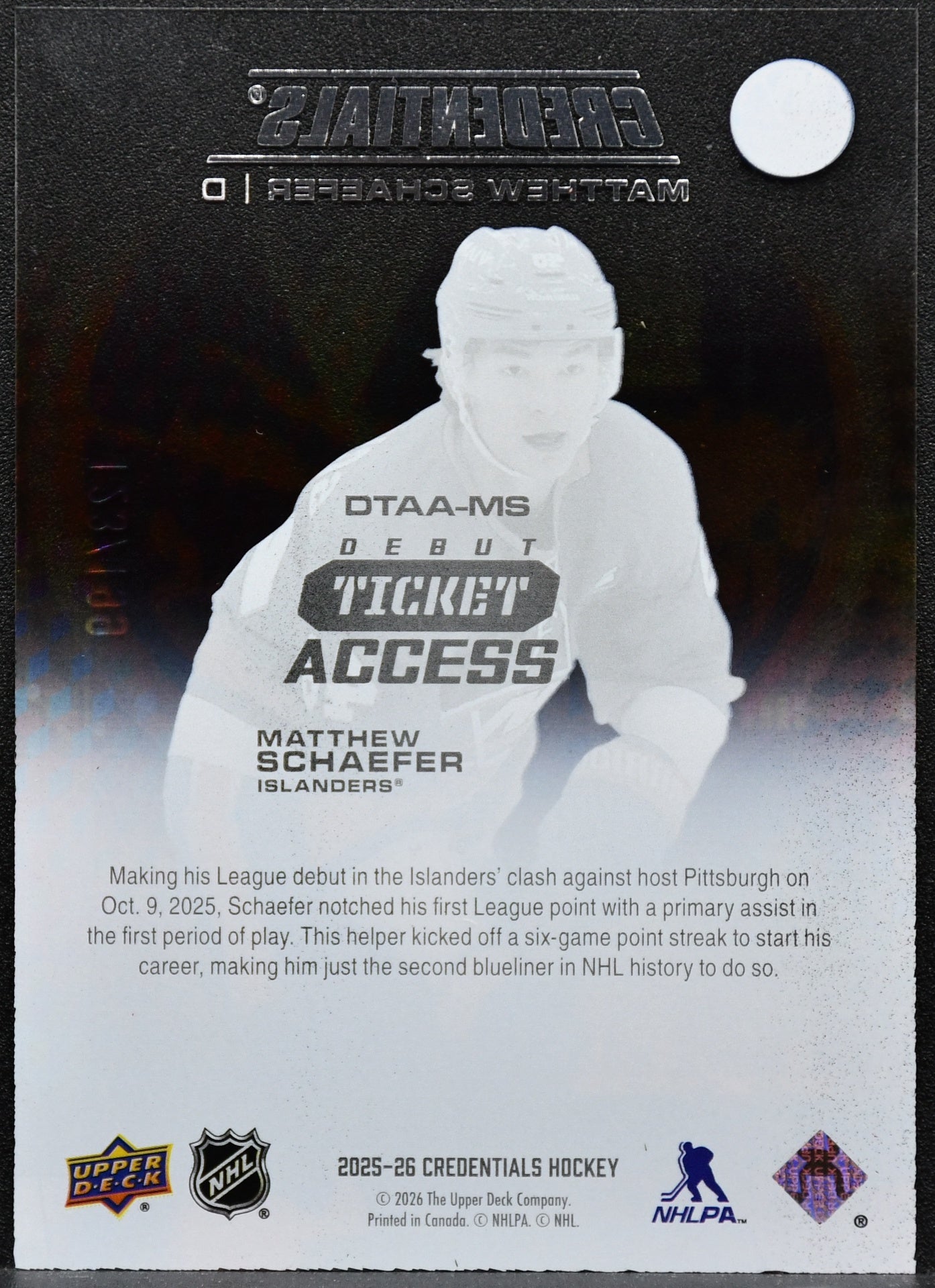 2025-26 UD Credentials Matthew Schaefer Acetate Debut Ticket Access RC #/199