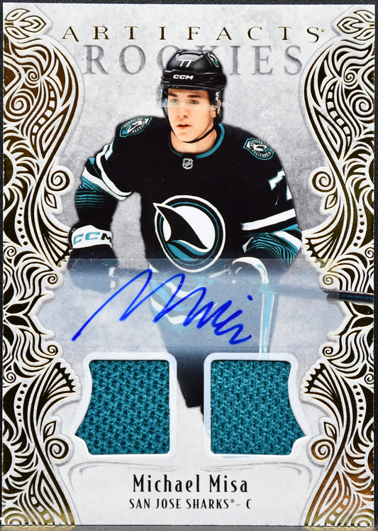 UD Michael Misa Artifacts 2025-26 Rookies Gold Material Auto Jersey San Jose Sharks /35