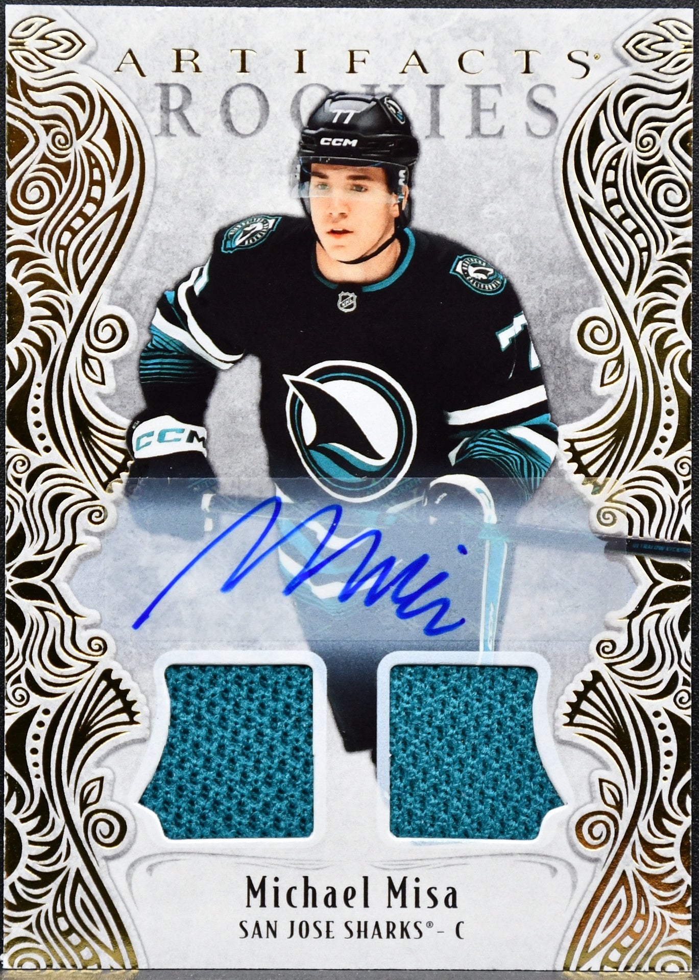 UD Michael Misa Artifacts 2025-26 Rookies Gold Material Auto Jersey San Jose Sharks /35