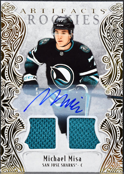 UD Michael Misa Artifacts 2025-26 Rookies Gold Material Auto Jersey San Jose Sharks /35