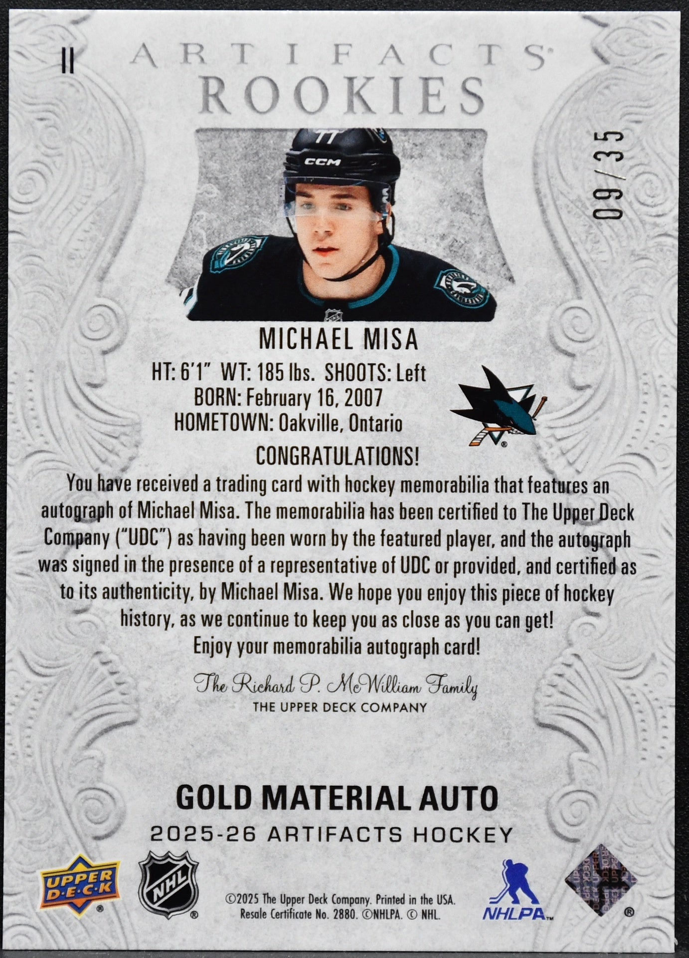 UD Michael Misa Artifacts 2025-26 Rookies Gold Material Auto Jersey San Jose Sharks /35