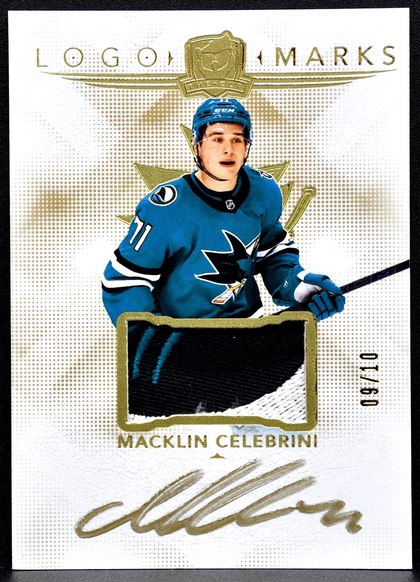 MACKLIN CELEBRINI 2024-25 UD THE CUP LOGOMARKS ROOKIE PATCH AUTO GOLD 09/10 RC