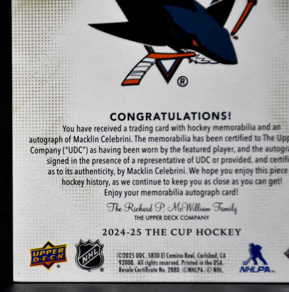 MACKLIN CELEBRINI 2024-25 UD THE CUP LOGOMARKS ROOKIE PATCH AUTO GOLD 09/10 RC