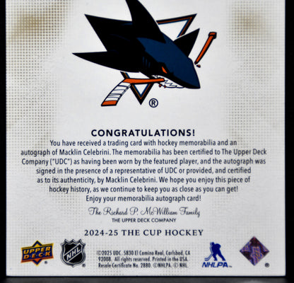 MACKLIN CELEBRINI 2024-25 UD THE CUP LOGOMARKS ROOKIE PATCH AUTO GOLD 09/10 RC