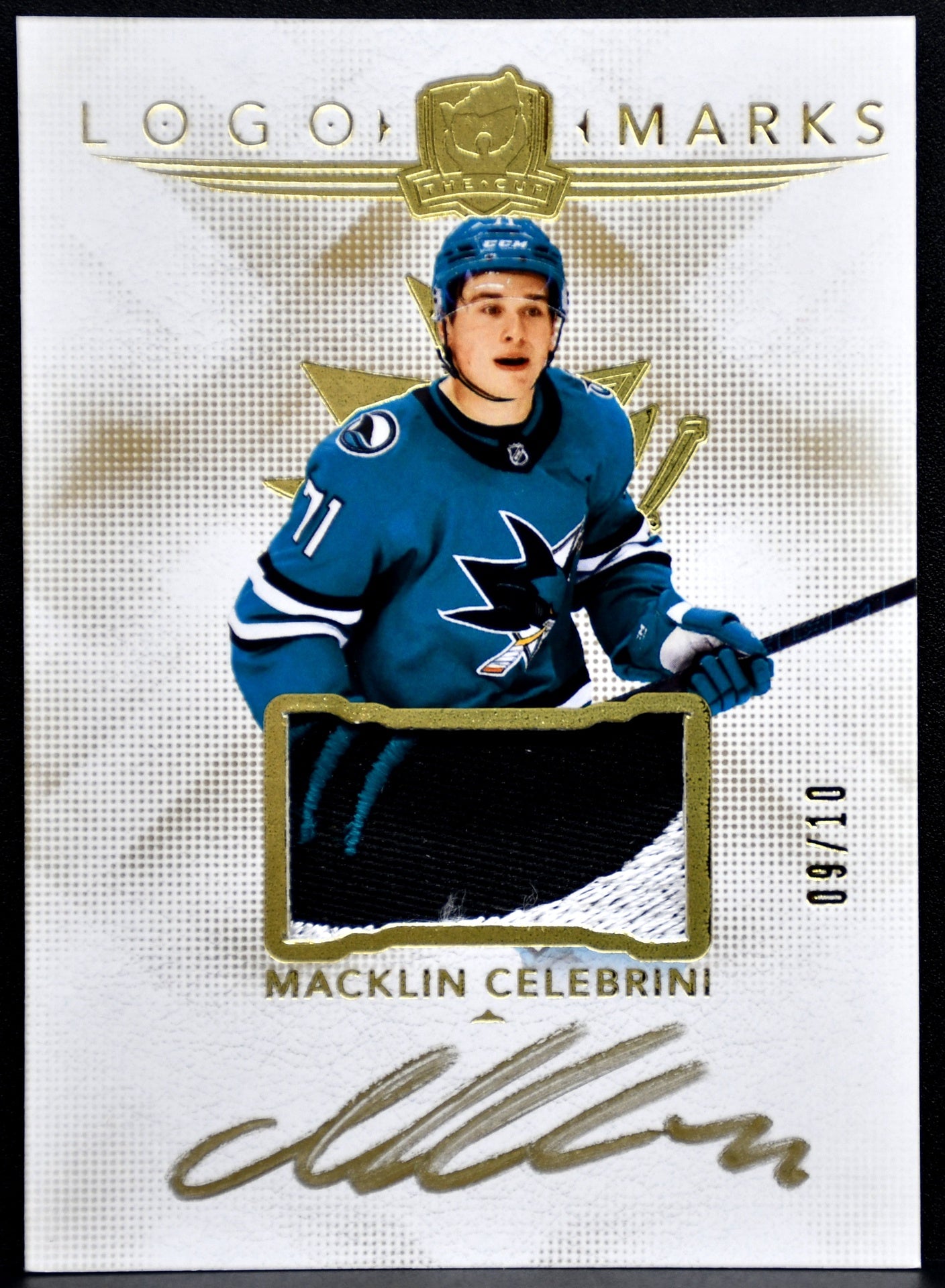MACKLIN CELEBRINI 2024-25 UD THE CUP LOGOMARKS ROOKIE PATCH AUTO GOLD 09/10 RC