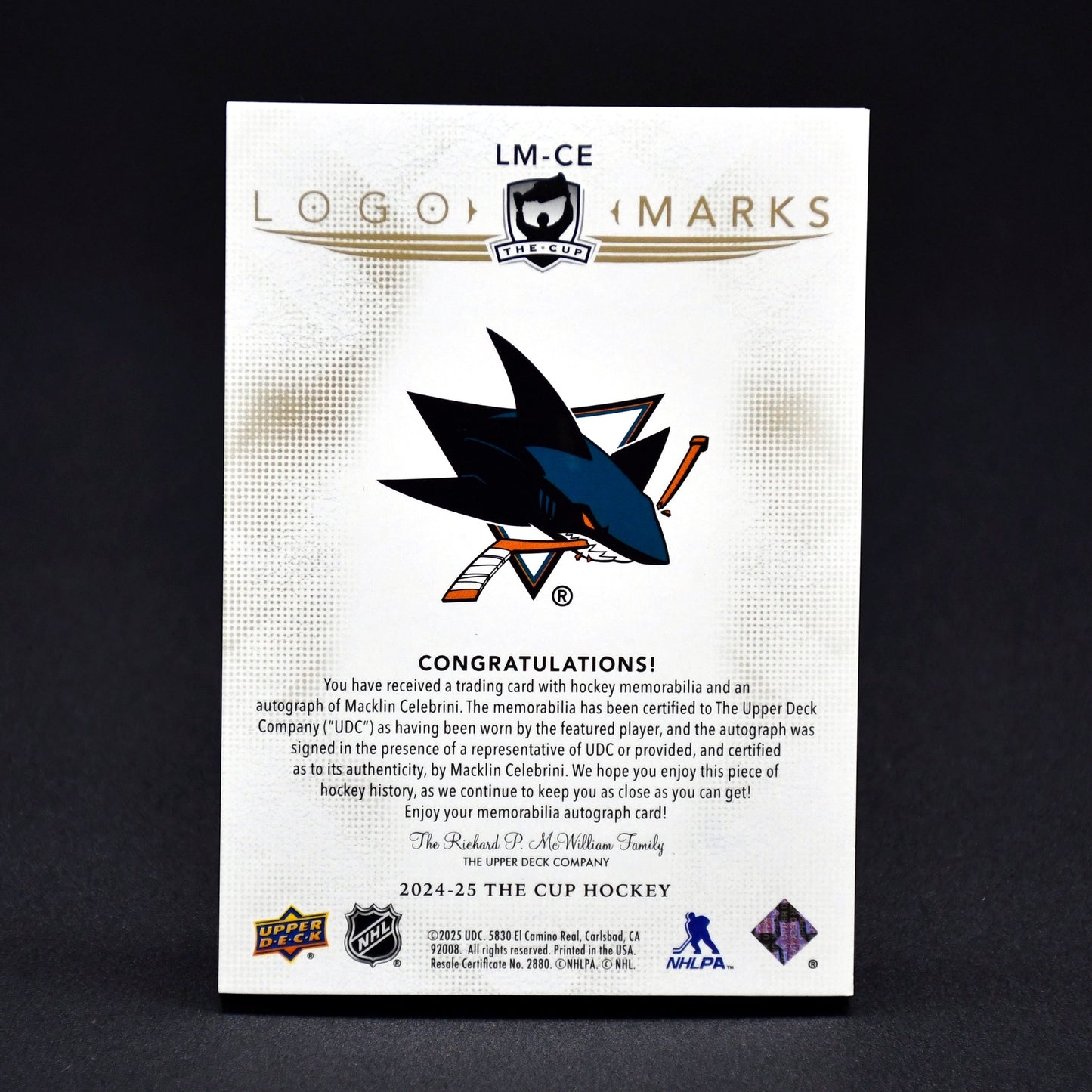 MACKLIN CELEBRINI 2024-25 UD THE CUP LOGOMARKS ROOKIE PATCH AUTO GOLD 10/10 RC
