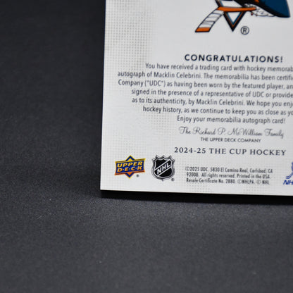 MACKLIN CELEBRINI 2024-25 UD THE CUP LOGOMARKS ROOKIE PATCH AUTO GOLD 10/10 RC