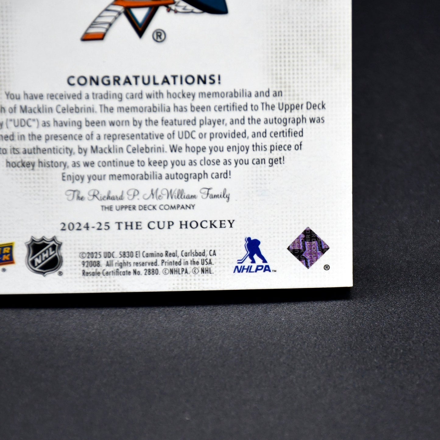 MACKLIN CELEBRINI 2024-25 UD THE CUP LOGOMARKS ROOKIE PATCH AUTO GOLD 10/10 RC