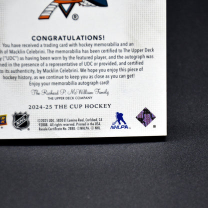 MACKLIN CELEBRINI 2024-25 UD THE CUP LOGOMARKS ROOKIE PATCH AUTO GOLD 10/10 RC