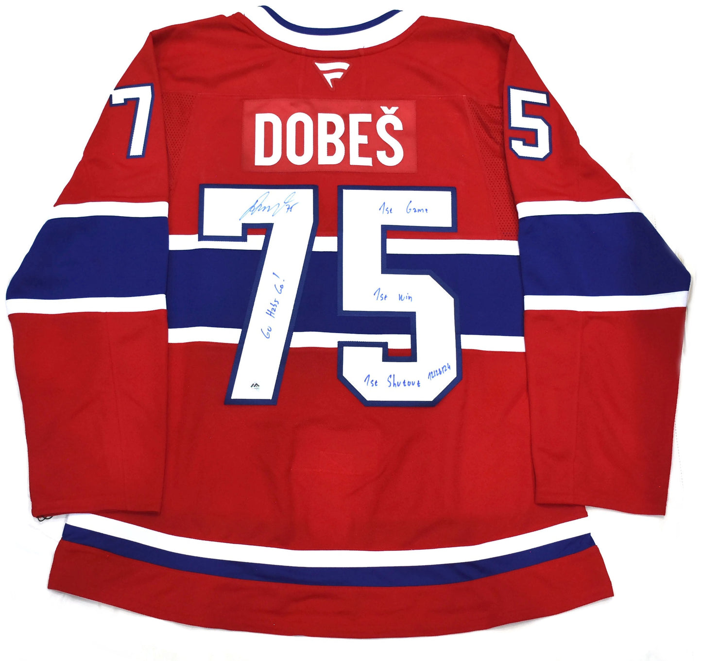 Jakub Dobes Autographed Fanatics Premium Jersey Inscribed 1st Game, 1st Win, 1st Shutout