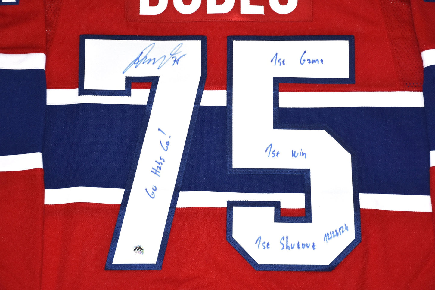 Jakub Dobes Autographed Fanatics Premium Jersey Inscribed 1st Game, 1st Win, 1st Shutout