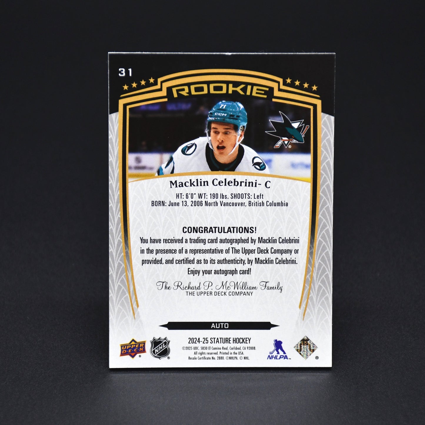 2024-25 Stature Macklin Celebrini Rookie San Jose Sharks Auto Base 31