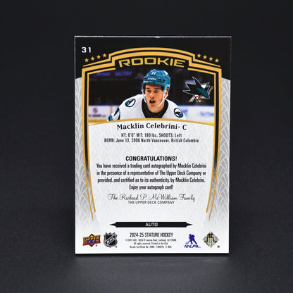 2024-25 Stature Macklin Celebrini Rookie San Jose Sharks Auto Base 31