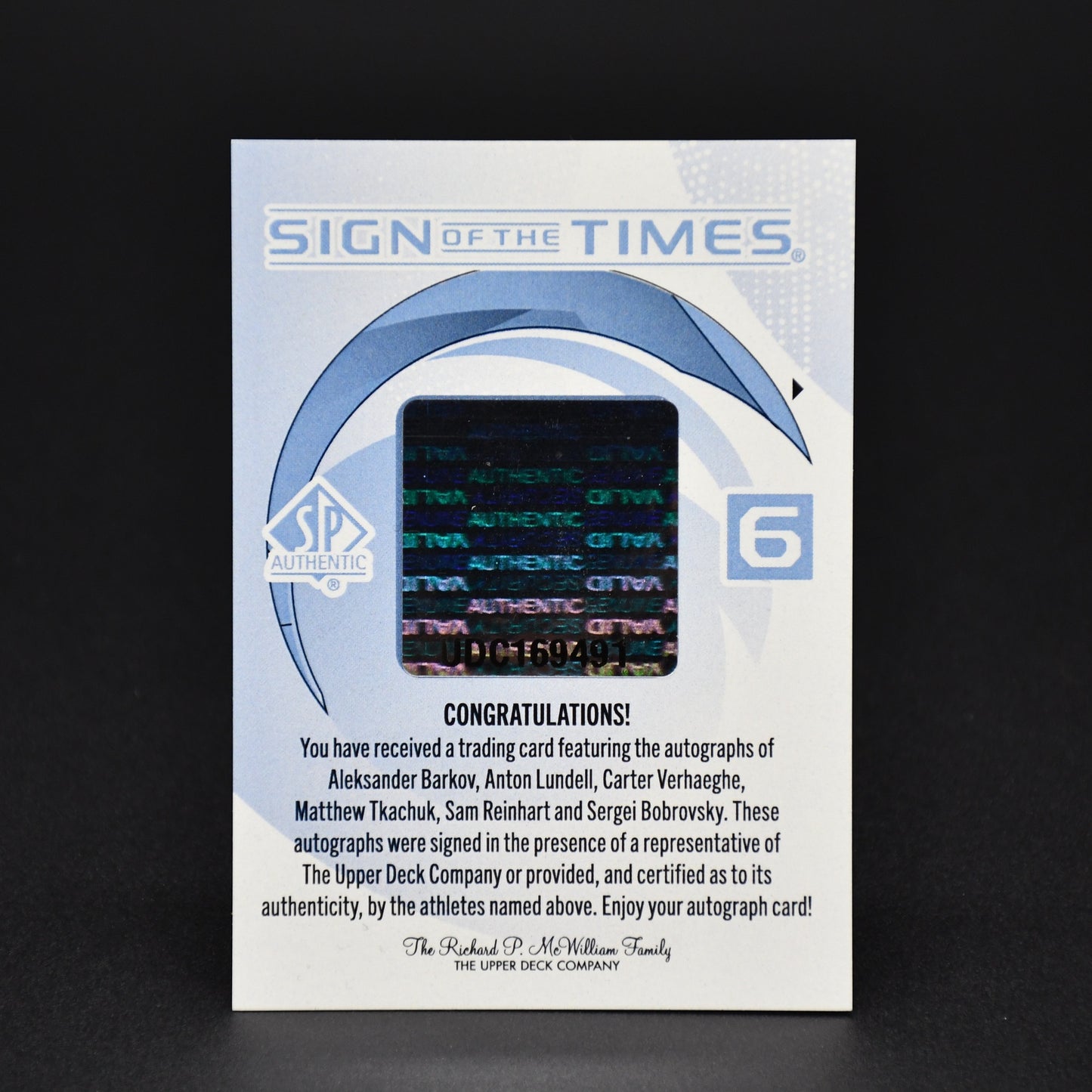 2024-25 Sign of the Times 6 Auto Tkachuk Reinhart Panthers Bobrovsky Barkov ST6-TLA