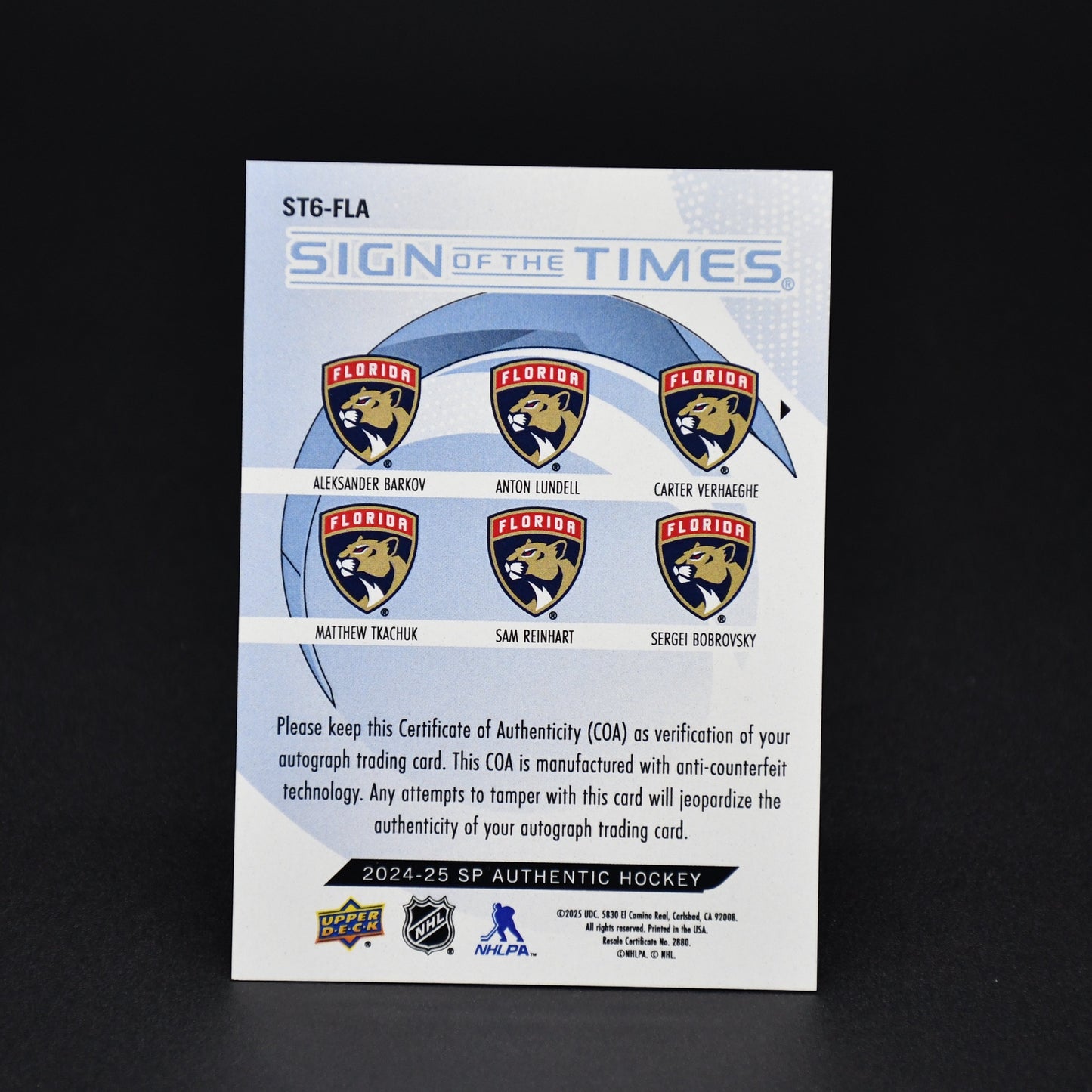 2024-25 Sign of the Times 6 Auto Tkachuk Reinhart Panthers Bobrovsky Barkov ST6-TLA