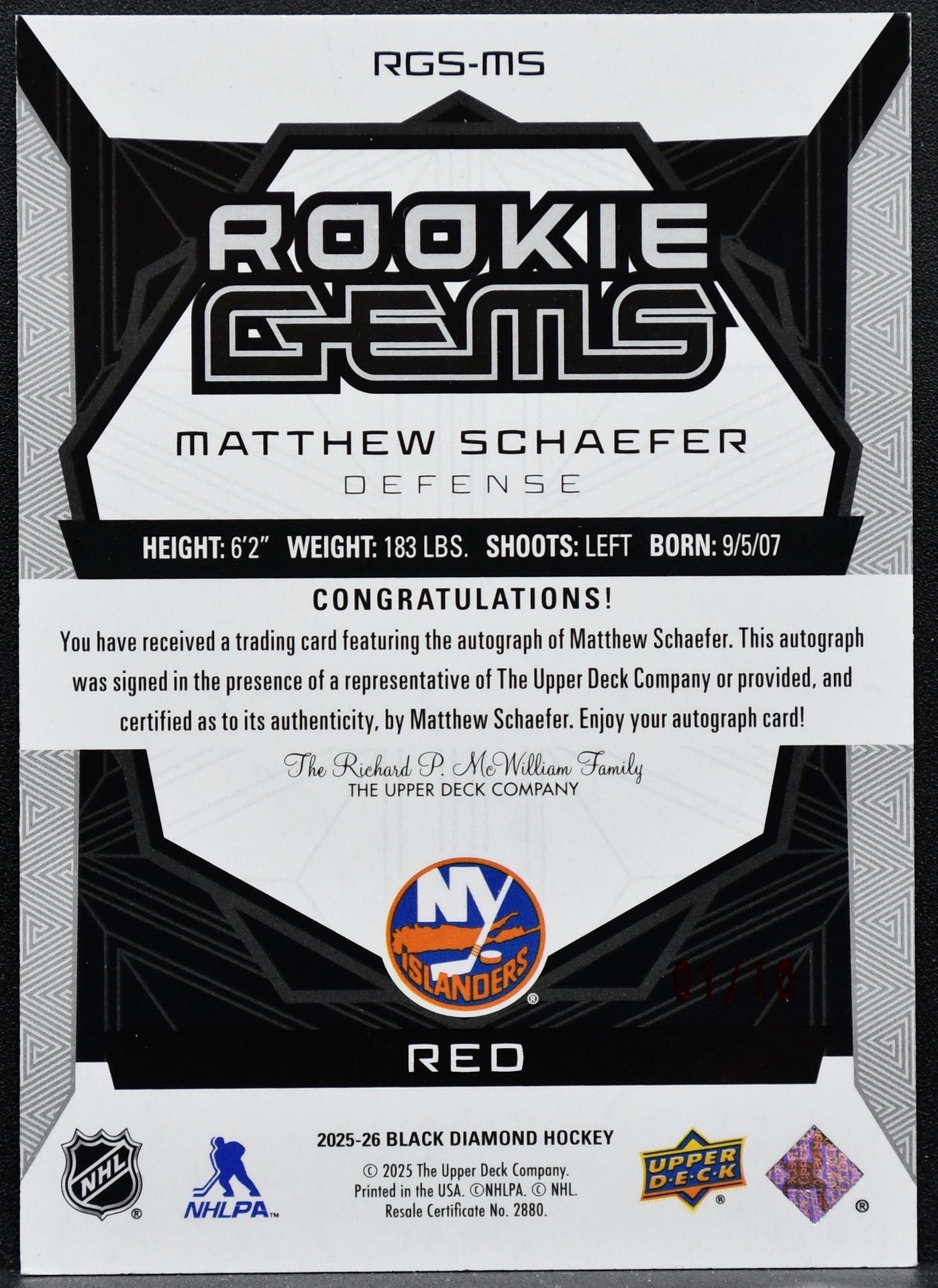UD Matthew SCHAEFER Rookie Gems Auto New York 01/10 2025-26 Black Diamond