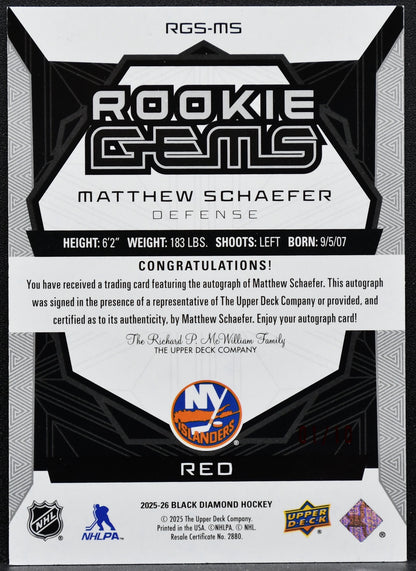UD Matthew SCHAEFER Rookie Gems Auto New York 01/10 2025-26 Black Diamond
