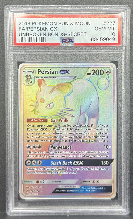 Pokemon TCG Persian GX 227/214 Unbroken Bonds PSA 10